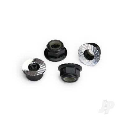 Nuts, 5mm flanged nylon locking (Aluminium, Black-anodised, serrated) (4 pcs)