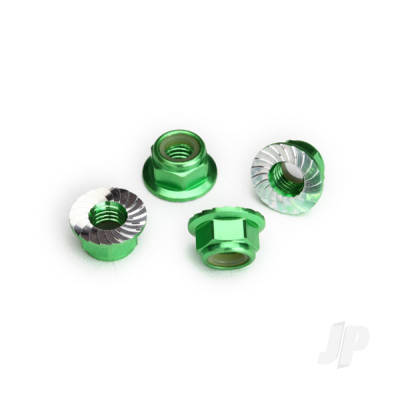 Nuts, 5mm flanged nylon locking (Aluminium, Green-anodised, serrated) (4 pcs)