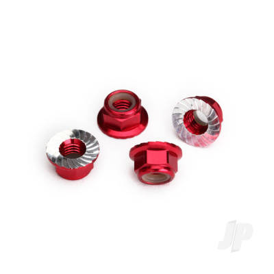 Nuts, 5mm flanged nylon locking (Aluminium, Red-anodised, serrated) (4 pcs)