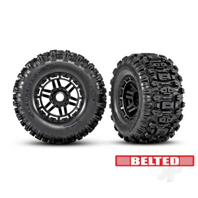 Wheels & Tyres, Assembled, Glued (Black wheels, belted Sledgehammer All-Terrain tyres, dual profile (2.9in outer, 3.8in inner), foam inserts) (2) (17mm splined) (TSM rated)