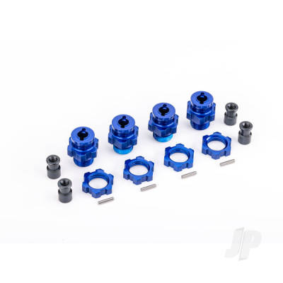 Wheel hubs, splined, 17mm, short (Blue-anodised) (4) / wheel nuts, splined, 17mm (Blue-anodised) (4) / hub retainer M4 X 0.7 (4) / axle pin (4) (for use with #9080 upgrade kit)