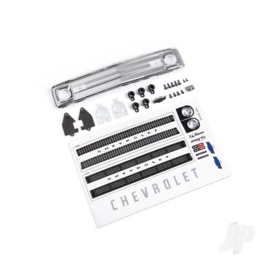 Grille, Chevrolet Blazer (1969 - 1970)/ grille retainers (5)/ headlight housing (2)/ headlight lens (2)/ turn signal lens (2)/ hood emblem/ hood emblem mount/ 2.6x8 BCS (5)/ 2.5x6 BCS (4)/ 1.6x5 BCS (self-tapping) (2) (fits #9112 body)