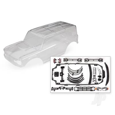 Body, Ford Bronco (2021) (Clear, requires painting) / decals / window masks (includes grille, side mirrors, door handles, fender flares, windshield wipers, spare tyre mount, clipless mounting, hardware) (requires #8080X inner fenders)