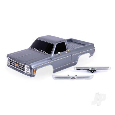 Body, Chevrolet K10 Truck (1979), complete, Silver (painted, decals applied) (includes grille, side mirrors, door handles, windshield wipers, front & rear bumpers, clipless mounting) (requires #9288 inner fenders)