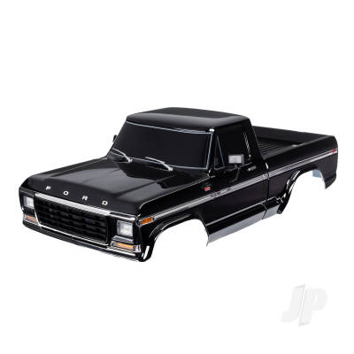 Body, Ford F-150 (1979), complete, Black (painted, decals applied) (includes grille, side mirrors, door handles, windshield wipers, & clipless mounting) (requires #9288 inner fenders). Roll bar sold separately (choose Chrome 9262, Black 9262R, or Chrome with lights 9262X).