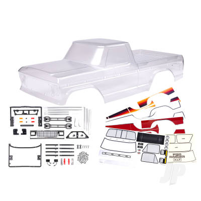 Body, Ford F-150 (1979) (Clear, requires painting) / decals / window masks (includes grille, side mirrors, door handles, windshield wipers, clipless mounting, hardware) (requires #9288 inner fenders). Roll bar sold separately (choose Chrome 9262, Black 9262R, or Chrome with lights 9262X).