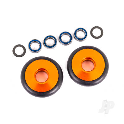 Wheels, wheelie bar, 6061-T6 aluminium (Orange-anodised) (2) / 5x8x2.5mm ball bearings (4) / o-rings (2) / 5x8x0.3mm TW (2)