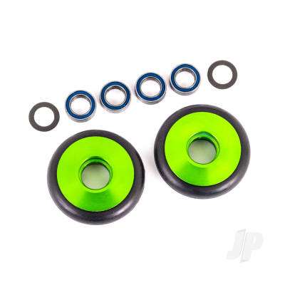 Wheels, wheelie bar, 6061-T6 aluminium (Green-anodised) (2) / 5x8x2.5mm ball bearings (4) / o-rings (2) / 5x8x0.3mm TW (2)
