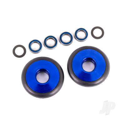 Wheels, wheelie bar, 6061-T6 aluminium (Blue-anodised) (2) / 5x8x2.5mm ball bearings (4) / o-rings (2) / 5x8x0.3mm TW (2)