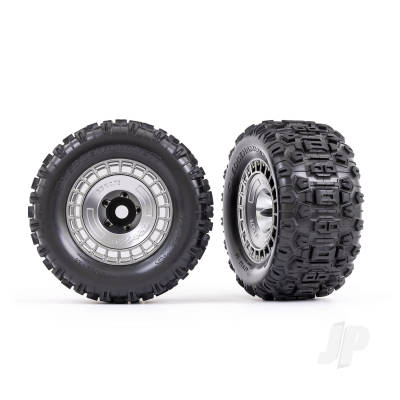 Wheels & Tyres, Assembled, Glued (3.8in Satin Chrome wheels, Satin Chrome wheel covers, Sledgehammer tyres, foam inserts) (2 pcs)