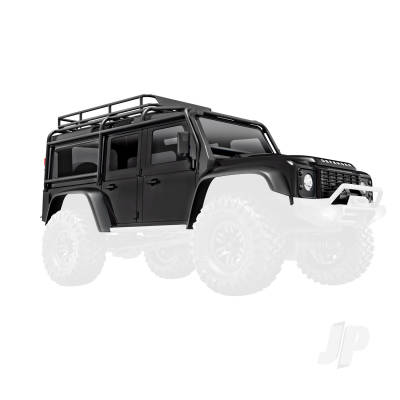 Body, Land Rover Defender, complete, Black (includes grille, side mirrors, door handles, fender flares, windshield wipers, spare Tyre mount, & clipless mounting)
