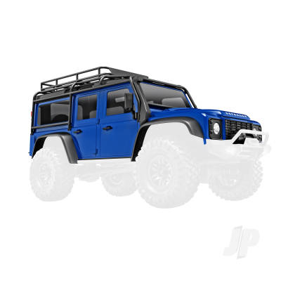 Body, Land Rover Defender, complete, Blue (includes grille, side mirrors, door handles, fender flares, windshield wipers, spare Tyre mount, & clipless mounting)