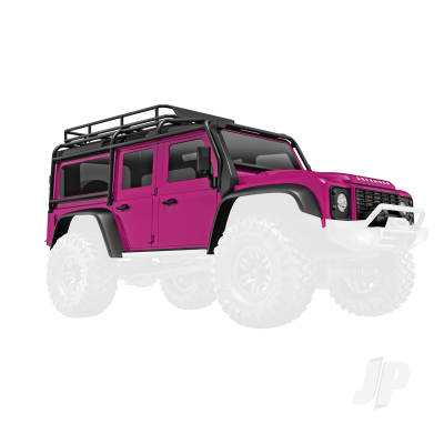Body, Land Rover Defender, complete, Pink (includes grille, side mirrors, door handles, fender flares, windshield wipers, spare Tyre mount, & clipless mounting)