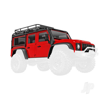 Body, Land Rover Defender, complete, Red (includes grille, side mirrors, door handles, fender flares, windshield wipers, spare Tyre mount, & clipless mounting)