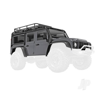 Body, Land Rover Defender, complete, Silver (includes grille, side mirrors, door handles, fender flares, windshield wipers, spare Tyre mount, & clipless mounting)