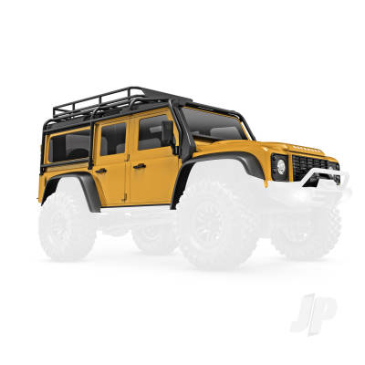 Body, Land Rover Defender, complete, Tan (includes grille, side mirrors, door handles, fender flares, fuel canisters, jack, spare Tyre mount, & clipless mounting) (requires #9734 front & rear bumpers)