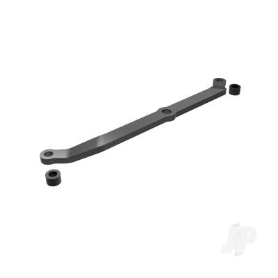 Steering link, 6061-T6 aluminium (Dark Titanium-anodised) / servo horn, metal / spacers (2) / 3x6mm CCS (with threadlock) (1) / 2.5x7mm SS (with threadlock) (1)